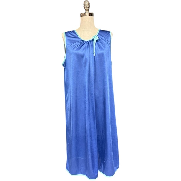 Vintage Blue Nylon Maxi Dress Sleeveless Lounge Nightgown L/XL Retro Sleepwear - Picture 6 of 10